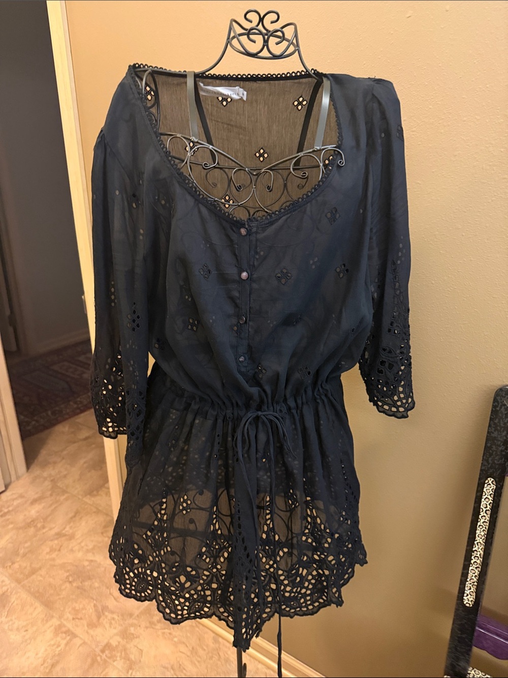 Navy Eyelet Drawstring Tunic Top